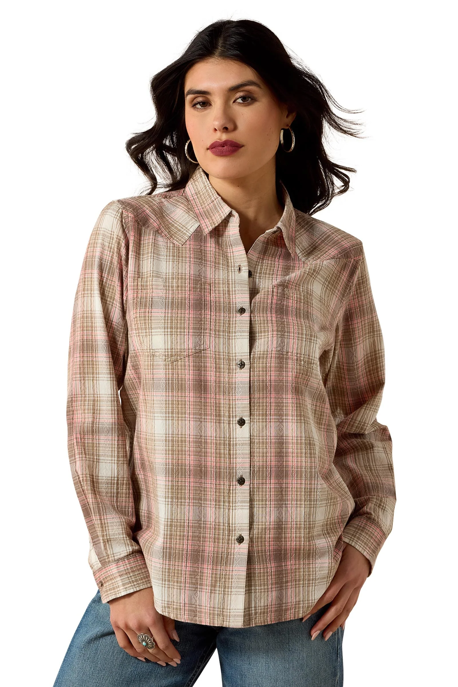 Billie Jean Women's Long Sleeve Shirt White Pepper Coral Plaid S