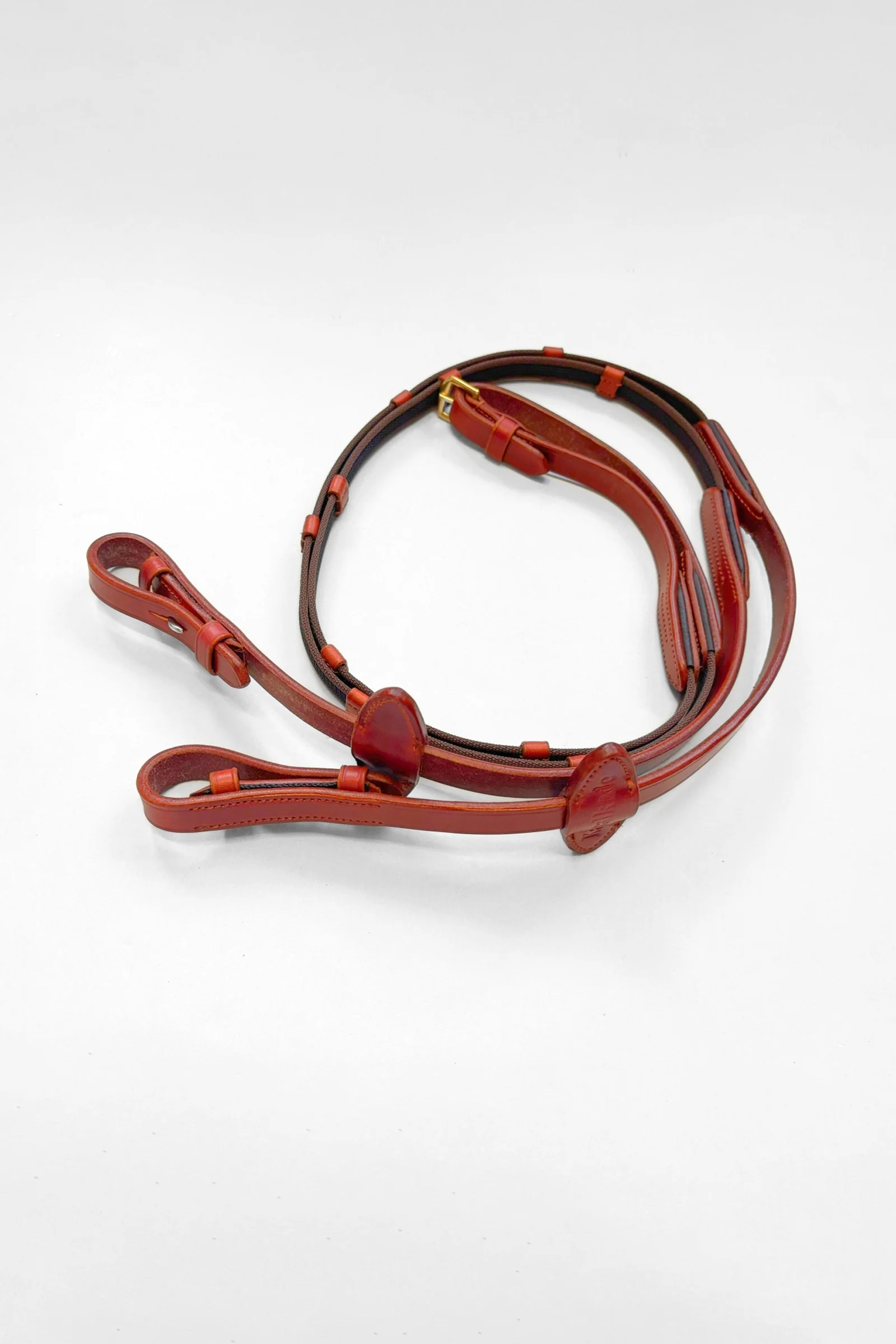 Rubberised Reins With Hooks and 5 Stops, 16 mm Cognac-Brass F
